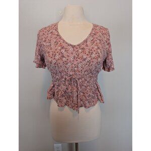 SO Floral Pink Short-Sleeve Smocked Peplum Top With Tie Detail Large Feminine